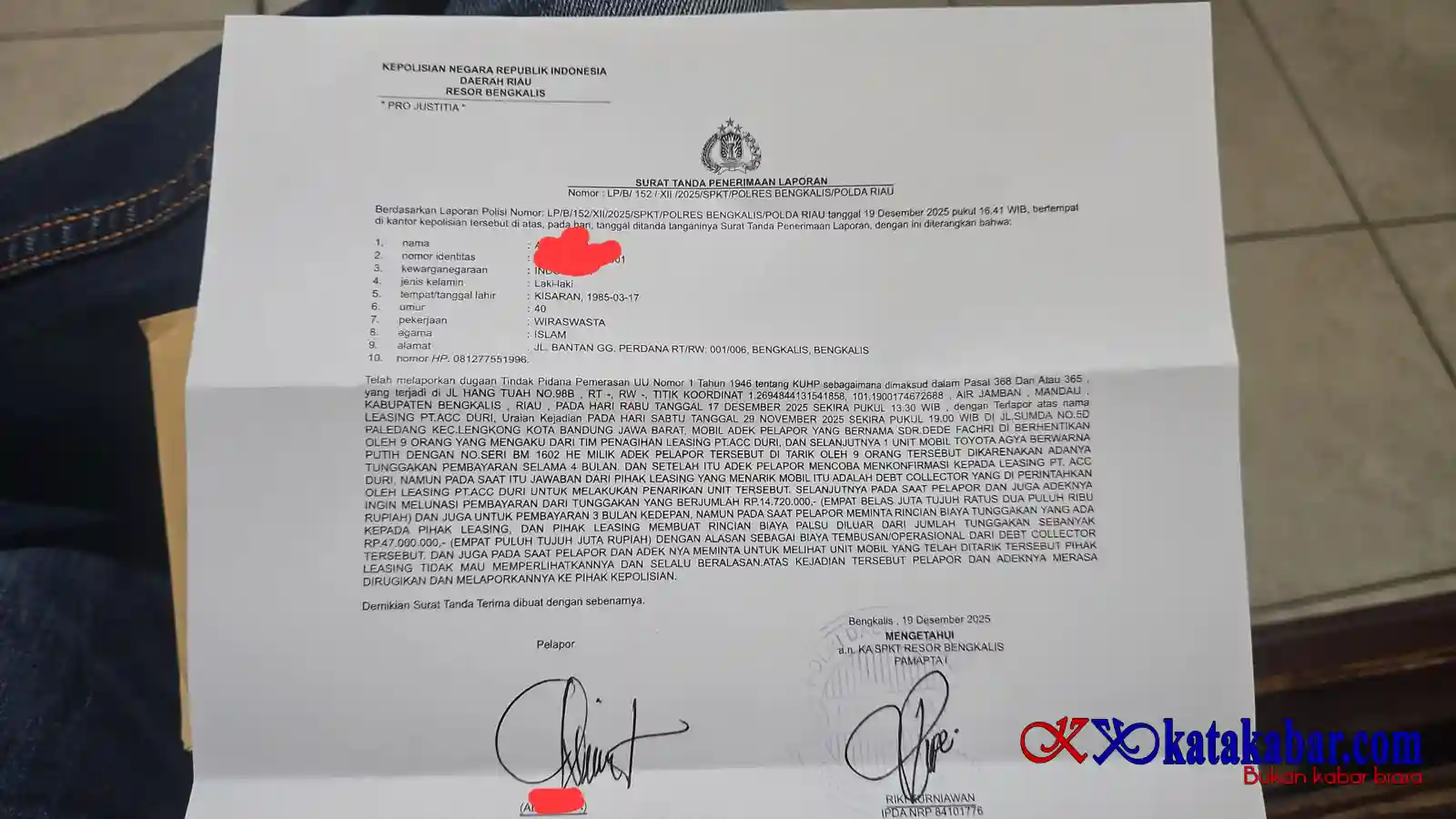 Sudah 8 Bulan, Laporan Dugaan Pemerasan Debt Collector PT ACC Duri di Polres Bengkalis Stagnan, Korban Minta Keadilan!