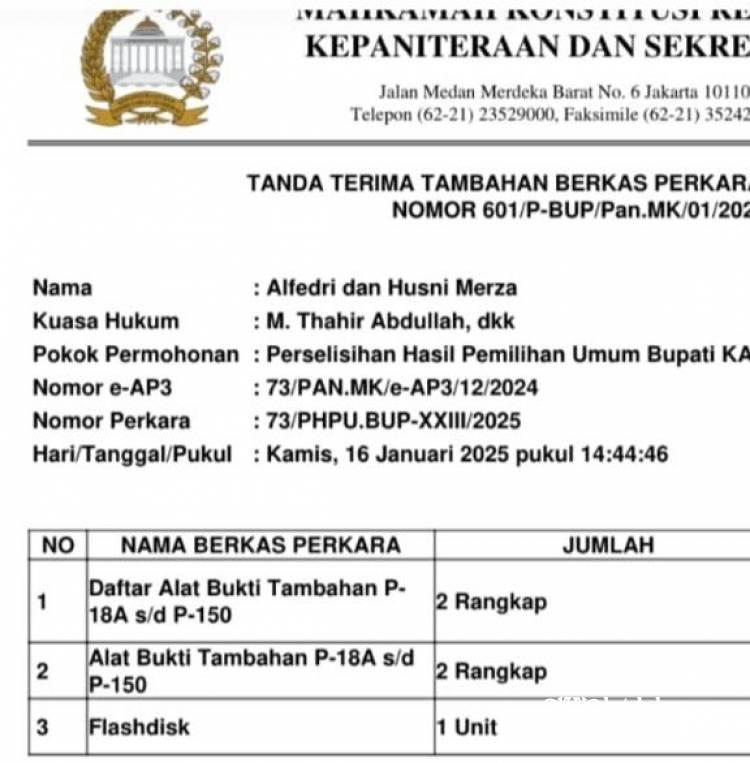 Alfedri-Husni Bantah Hanya Mengajukan 17 Bukti ke MK, Totalnya 200-an